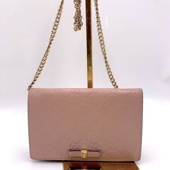 Auth Gucci Wallet On Chain Pink Beige Bow Guccisima Leather Gold Chain Strap Ex+ - Picture 2 of 16